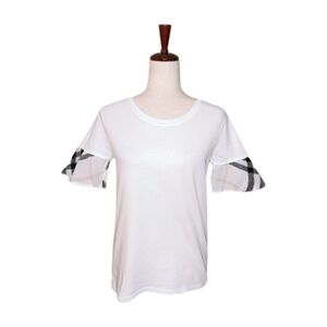 Burberry White Cotton T-Shirt w/ Flutter Sleeve Nova Check‎ Detail Size XS